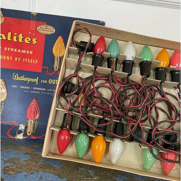 Vintage Royalites 15 Light Streamer Set Outdoor Christmas Box Works Swirl Bulbs - Picture 8 of 9